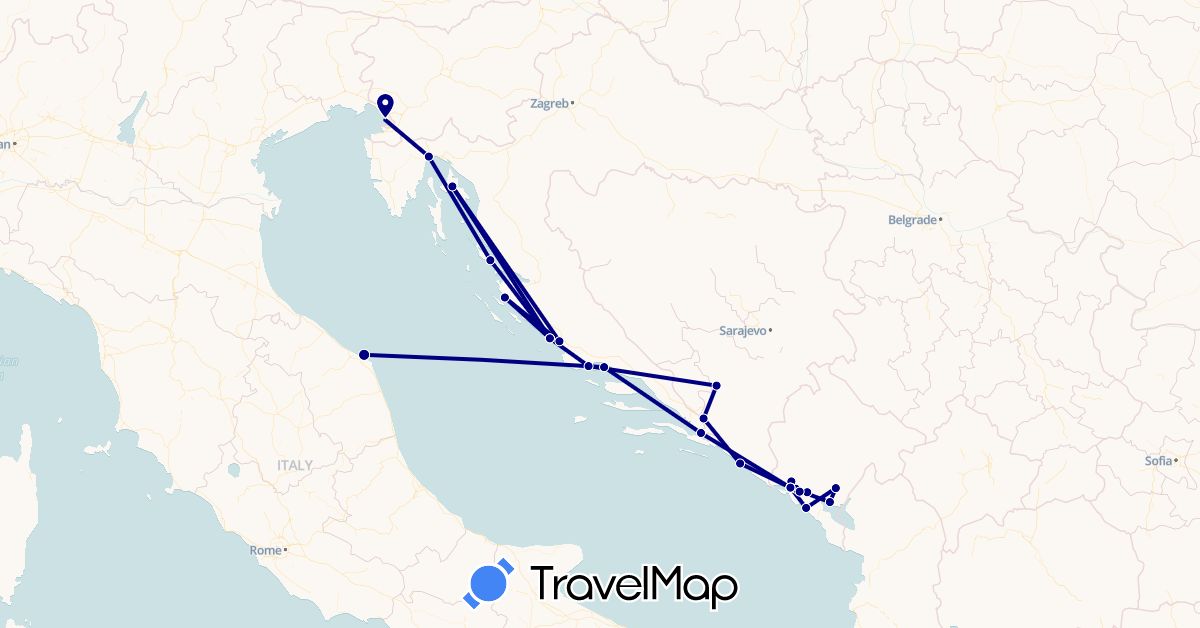 TravelMap itinerary: driving in Bosnia and Herzegovina, Croatia, Italy, Montenegro (Europe)
